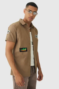 Short Sleeve Concealed Placket Moto Poplin Shirt