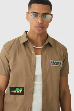Short Sleeve Concealed Placket Moto Poplin Shirt