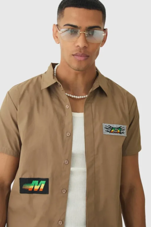 Short Sleeve Concealed Placket Moto Poplin Shirt