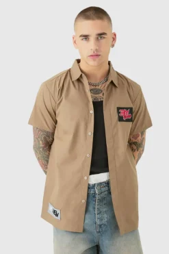 Short Sleeve Concealed Placket Moto Poplin Shirt