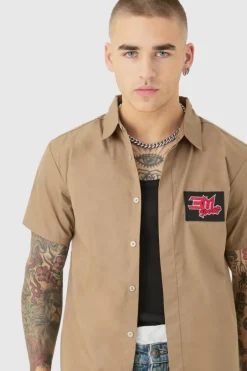 Short Sleeve Concealed Placket Moto Poplin Shirt