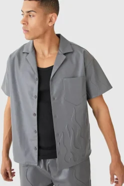 Short Sleeve Drop Revere Boxy Pu Embossed Shirt