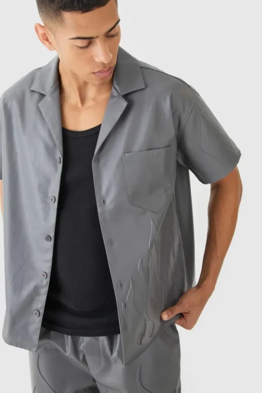Short Sleeve Drop Revere Boxy Pu Embossed Shirt