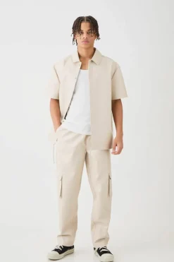 Short Sleeve Drop Shoulder Pu Overshirt & Cargo Trouser Set