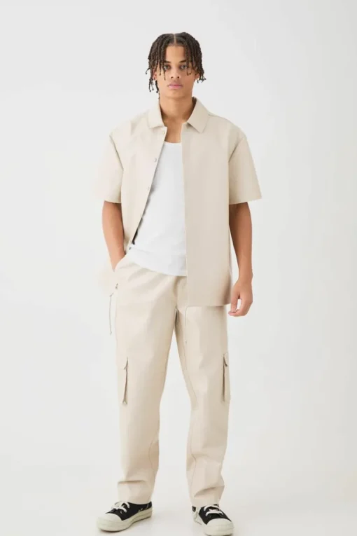 Short Sleeve Drop Shoulder Pu Overshirt & Cargo Trouser Set