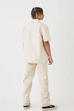 Short Sleeve Drop Shoulder Pu Overshirt & Cargo Trouser Set