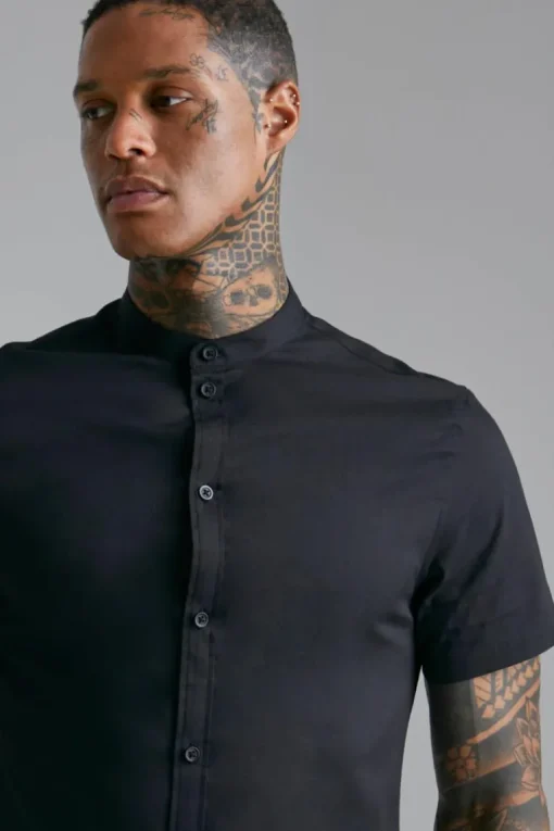 Short Sleeve Grandad Stretch Fit Shirt
