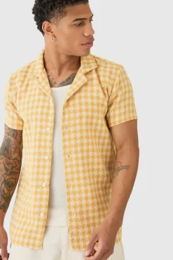 Short Sleeve Linen Look Houndstooth Shirt