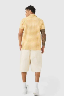 Short Sleeve Linen Look Houndstooth Shirt