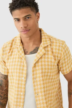 Short Sleeve Linen Look Houndstooth Shirt
