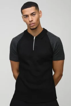 Short Sleeve Muscle Fit Raglan Colour Block Knit Polo