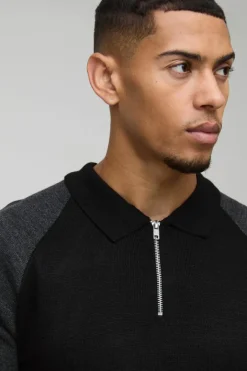 Short Sleeve Muscle Fit Raglan Colour Block Knit Polo