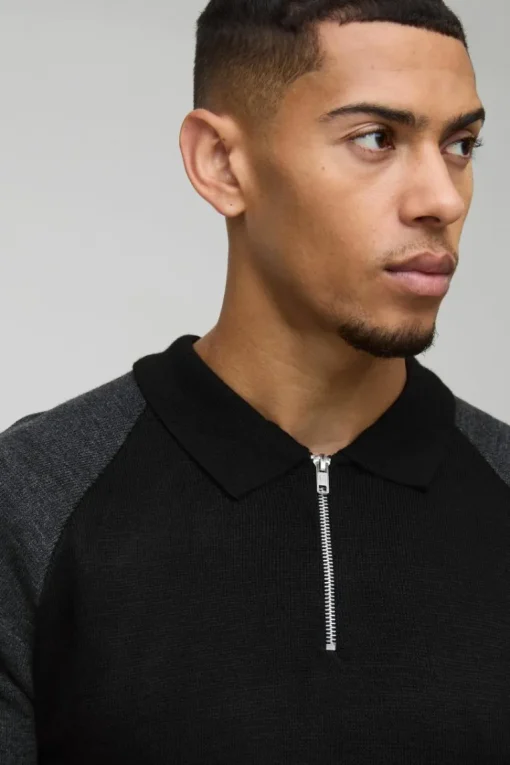 Short Sleeve Muscle Fit Raglan Colour Block Knit Polo