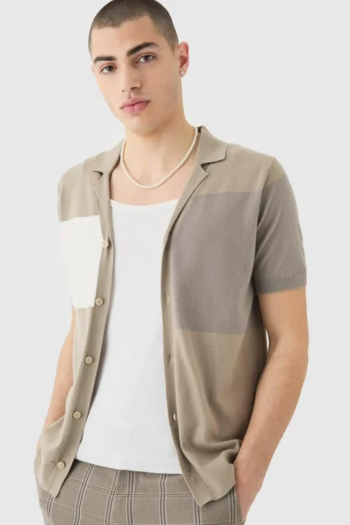 Short Sleeve Revere Colour Block Knitted Shirt