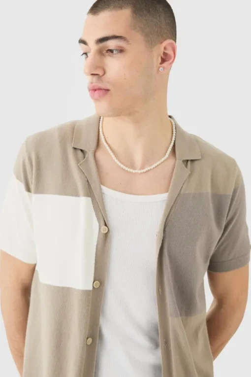 Short Sleeve Revere Colour Block Knitted Shirt