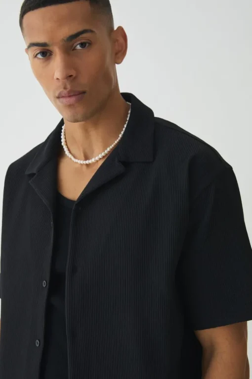 Short Sleeve Revere Oversized Pleated Shirt