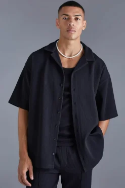 Short Sleeve Revere Oversized Fit Pleated Shirt