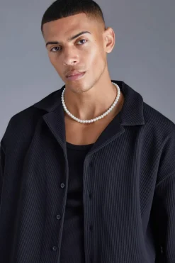 Short Sleeve Revere Oversized Fit Pleated Shirt