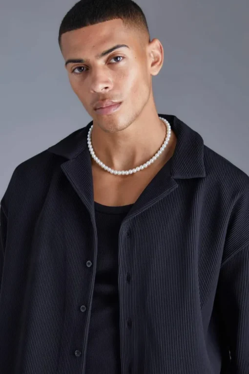 Short Sleeve Revere Oversized Fit Pleated Shirt