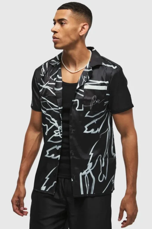 Short Sleeve Satin Tonal Palm Shirt