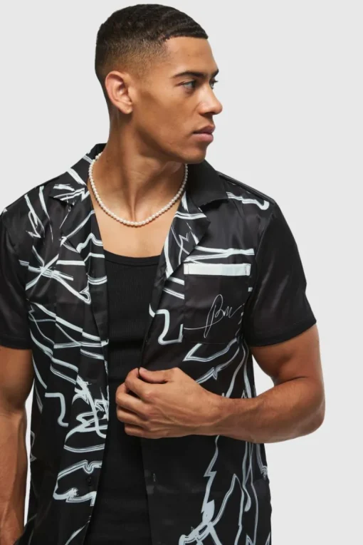 Short Sleeve Satin Tonal Palm Shirt