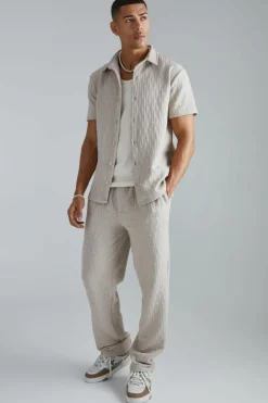Short Sleeve Textured Stretch Shirt And Trousers Set