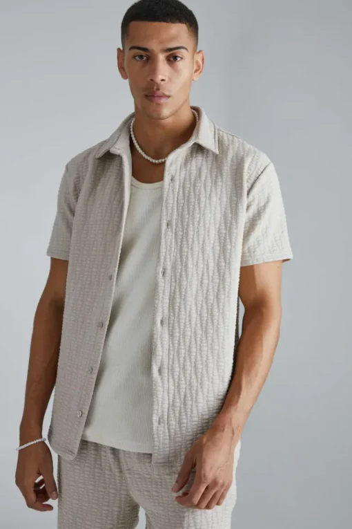Short Sleeve Textured Stretch Shirt And Trousers Set