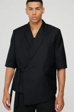 Short Sleeve Tie Side Suit Set in Black