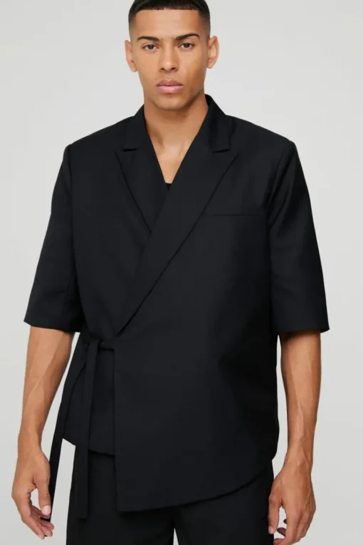 Short Sleeve Tie Side Suit Set in Black