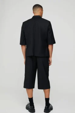 Short Sleeve Tie Side Suit Set in Black