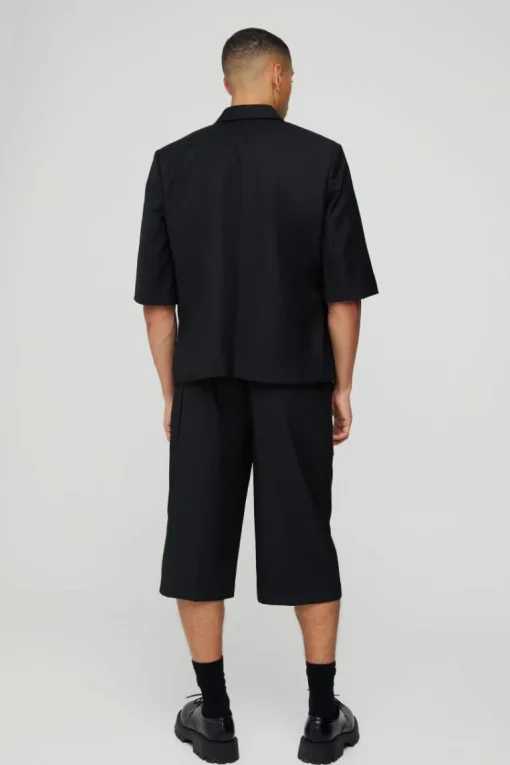 Short Sleeve Tie Side Suit Set in Black