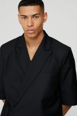 Short Sleeve Tie Side Suit Set in Black