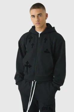 Shrunken Zip Through Flocked Cross Hoodie