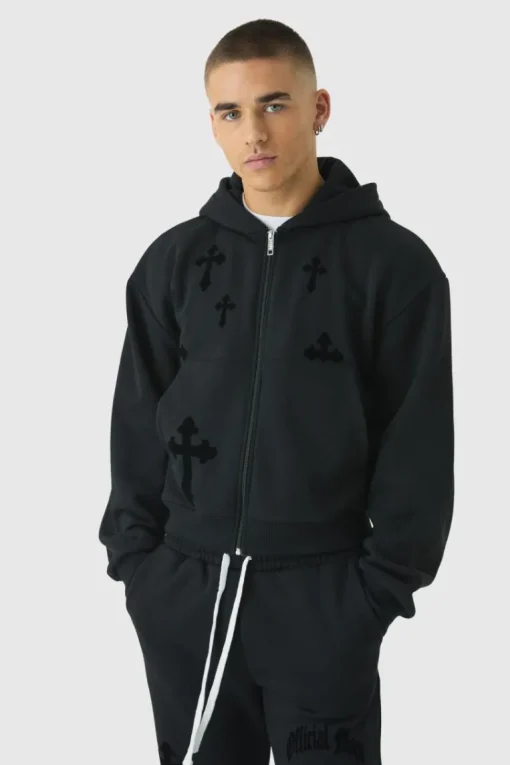 Shrunken Zip Through Flocked Cross Hoodie