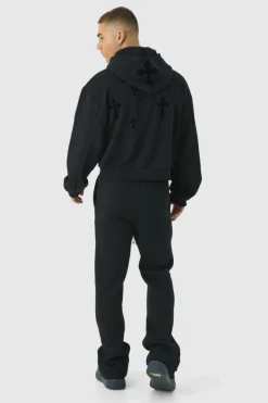 Shrunken Zip Through Flocked Cross Hoodie