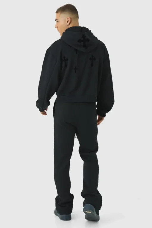 Shrunken Zip Through Flocked Cross Hoodie