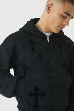 Shrunken Zip Through Flocked Cross Hoodie
