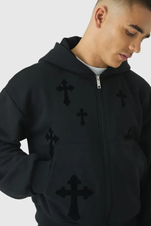 Shrunken Zip Through Flocked Cross Hoodie