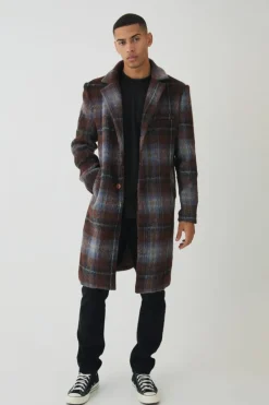 Single Breasted Check Overcoat In Blue