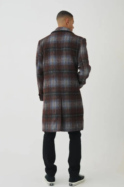 Single Breasted Check Overcoat In Blue