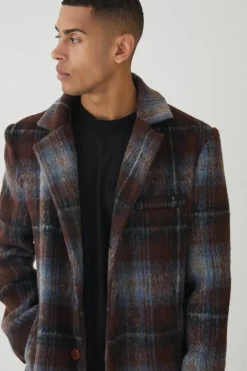 Single Breasted Check Overcoat In Blue