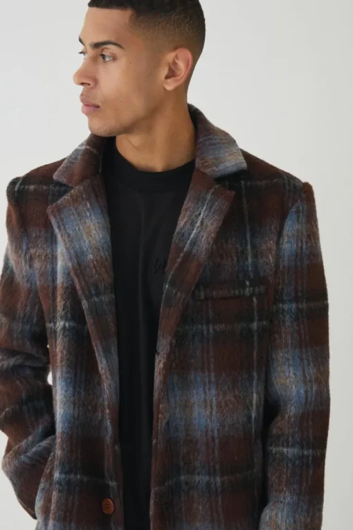 Single Breasted Check Overcoat In Blue