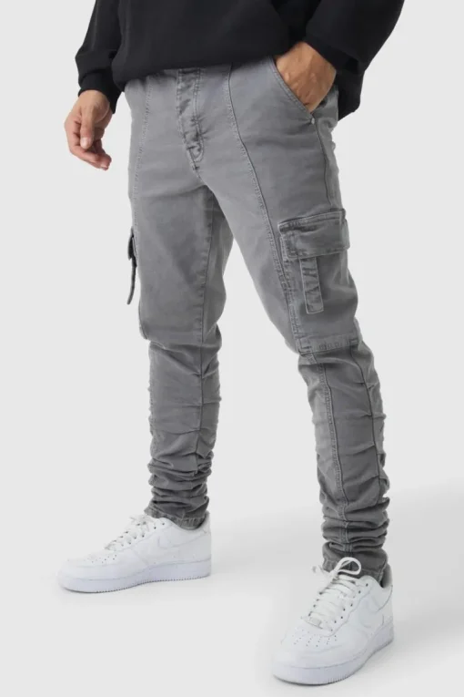 Skinny Stacked Ruched Strap Cargo Trousers
