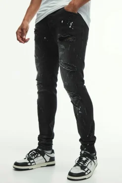 Skinny Stretch All Over Rip & Repair Paint Splatter Jeans