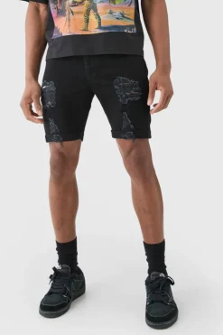 Skinny Stretch Distressed Denim Shorts In Black