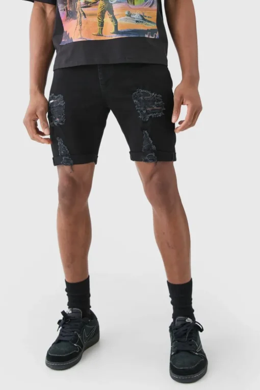 Skinny Stretch Distressed Denim Shorts In Black