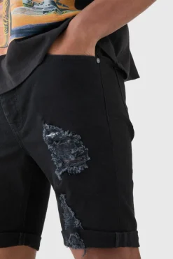 Skinny Stretch Distressed Denim Shorts In Black