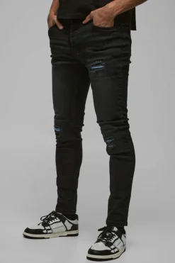 Skinny Stretch True Black Pu Biker Rip & Repair Jeans