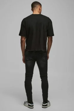 Skinny Stretch True Black Pu Biker Rip & Repair Jeans
