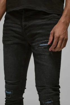 Skinny Stretch True Black Pu Biker Rip & Repair Jeans